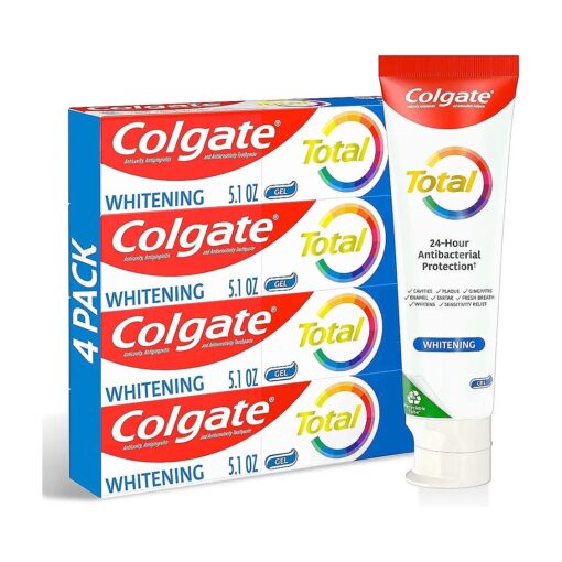 Colgate Total Whitening Toothpaste Gel, 10 Benefits, No Trade-Offs, Freshens Breath, Whitens Teeth and Provides Sensitivity Relief, Mint Flavor, 4 Pack, 5.1 Oz Tubes