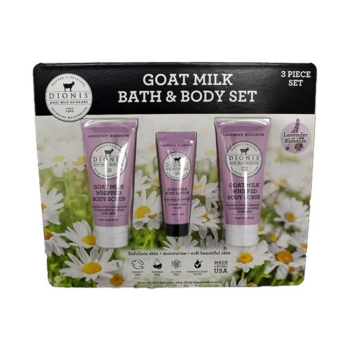 Dionis Goat Milk Bath & Body Set, 3 Piece Set, Includes 1 oz, ( 28 g ) Body Lotion / 2 fl oz, ( 59mL ) Whipped Body Scrub x2, Cruelty Free, Paraben Free, Sulfate Free, Dermatologist Tested ( Lavender