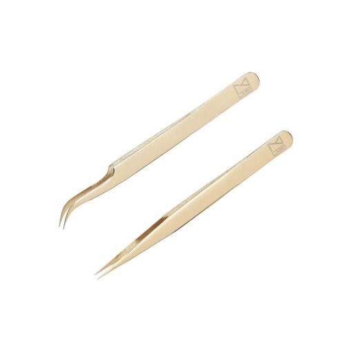 M Lash - Professional Japanese Stainless Steel Set of 2 Classic Eyelash Extensions Lashing Tweezer Lash Tech Supplies Must Haves Kit ( Gold )