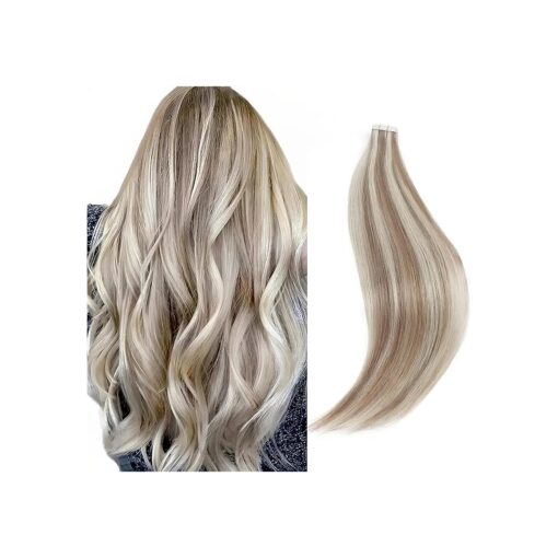 Tape In Hair Extensions Blonde Highlights 100 Real Remy Human Hair Professional Beautiful Color Gold Blonde With Ash Blond and Most Invisible Hair Tape [ Color P20-60 # -18 inch ]