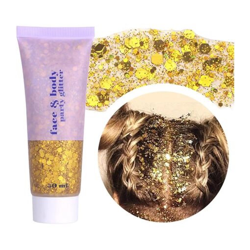 Gold Face Glitter Gel, Singer Concerts Music Festival Rave Accessories, Halloween Body Glitter Hair Sequins Face Glitter Paint Makeup, Mardi Gras Sparkling Chunky Glitter for Women,50ML