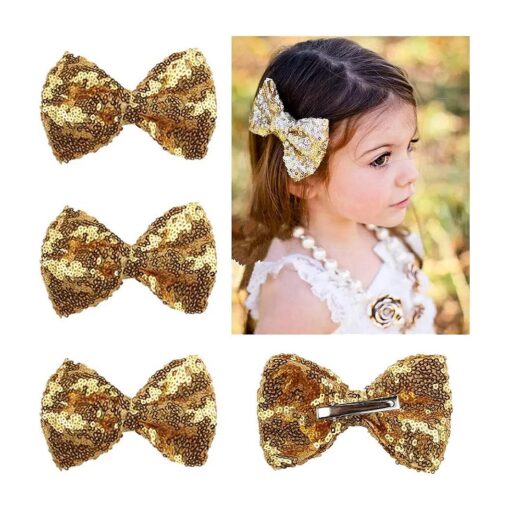 4 Pack Gold Glitter Sequins Bow Hair Clip Hairpin for Girls Cheer, Dance Recital, Birthday Shirt, Themed Party Festivals