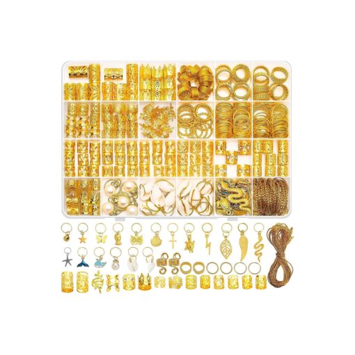 285PCS Gold Hair Jewelry for Braids, Gold Dreadlock Jewelry Accessories Braid Jewelry with Gold Pendants, Loc Jewelry for Hair Dreadlocks Gold Rings Cuff Clips Charms for Braid Decoration