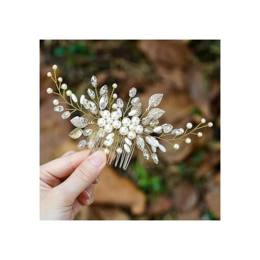 Yean Bride Leaf Bridal Hair Comb Pearl Wedding Hair Piece Rhinestone Hair Accessories for Women and Girls ( Gold )