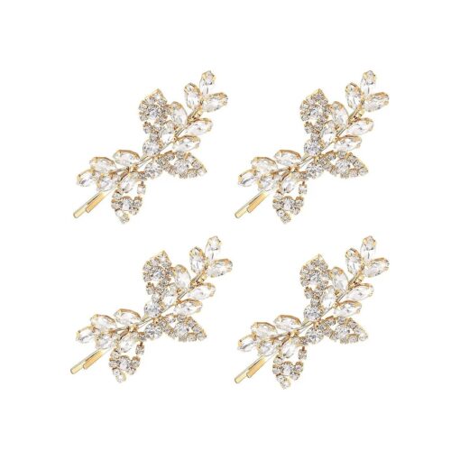 4 Pieces Rhinestone Bridal Hair Clip Leaf Wedding Hairpin Bride Pearl Crystal Hair Clips Rhinestone Barrette Elegant Bridal Hairpins Hair Accessories for Women Girls ( Gold, Rhinestone Style )