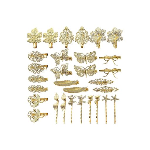 inSowni 30 Pack/15 Pairs Gold Metal Alligator Hair Clips Barrettes Bobby Pins Leaf Flower Butterfly Decorative Accessories for Women Girls