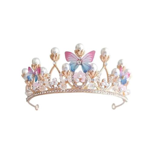 Girls Tiara Butterfly Princess Crown Gold Pearl Headband Rhinestone Hairpiece for Wedding Bridal Prom Birthday Party Cosplay