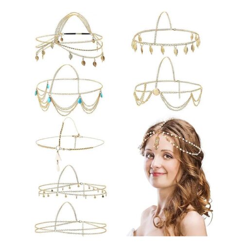 8 Pieces Gold Head Chain Jewelry Halloween Boho Headband Coins Pearl Tassel Chain Hair Band Festival Prom Wedding Headpiece for Women and Girls ( Cute Style )