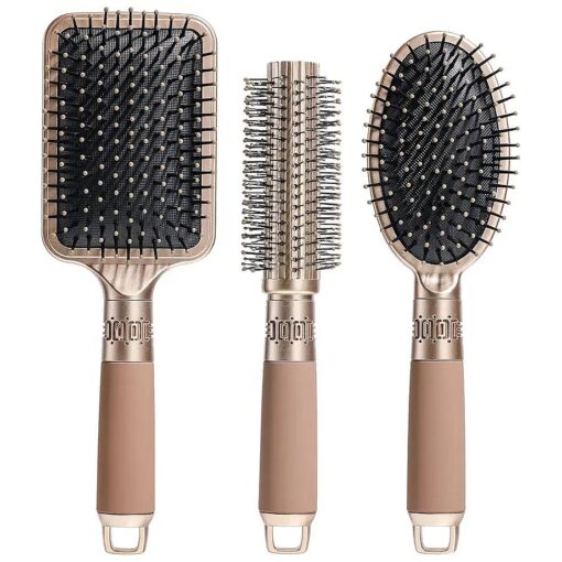 NVTED Hair Brush Set with Detangling Nylon Pins Massage Paddle Brush Cushion Hair Combs Hair Dryer Brush for Women Men Kids Girls ( GOLD )