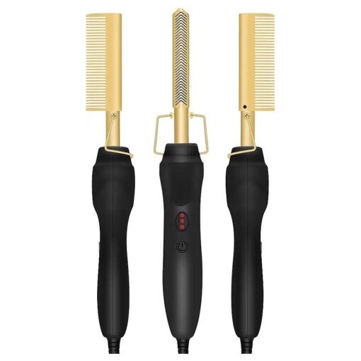 Gold Plated Heated Styling Comb Electric Hot Straightening Heat Comb Ceramic Curling Flat Iron Curler Designed Hair Straightener for Natural Black Hair, Wigs