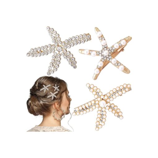 PAGOW 3 PCS Starfish Hair Clips, Gold Rhinestone Pearls Crystal Hair Clips, Sea Star Ponytail Holder, Faux Pearl Crystal Wedding Headpiece Hair Accessories For Women, Girls, Bride ( 1.73 x 2.48 Inch )