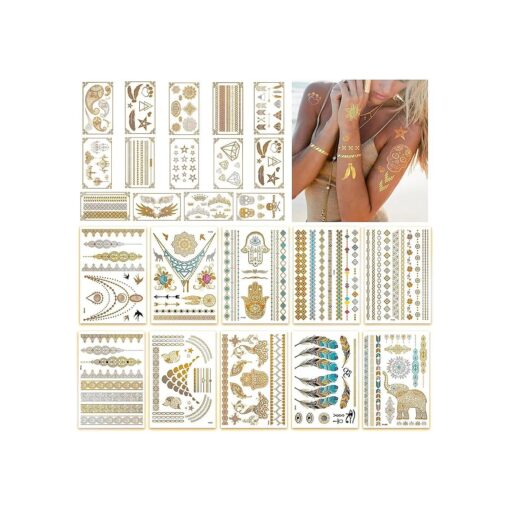 24 Sheets Gold Temporary Tattoos for Women Girls Adults - Over 300 Shimmer Waterproof Fake Tatoos - Gold Tattoos Metallic Stickers in Bracelets, Feathers, Wrist and Arm Bands