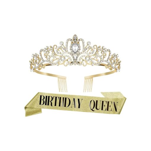 Birthday Crown for Girls Gold Tiara Sash Gifts for Womens Birthday Rhinestone Crystal Headband Princess Queen Crown Happy Birthday Decorations Birthday Gift Ideas Birthday Accessories Gifts for Women