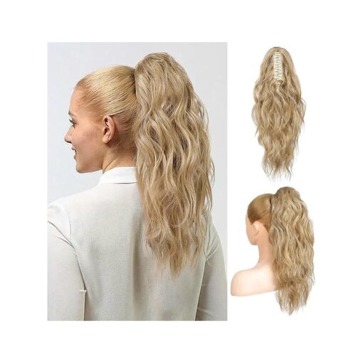 FLUFYMOOZ Ponytail Extension, 18 Inch Claw Clip Ponytail Extension, Wavy Curly Claw Clip in Ponytail Hair Extensions, Natural Fake Ponytail Synthetic Hairpiece for Women ( Golden Blonde with Highlight )