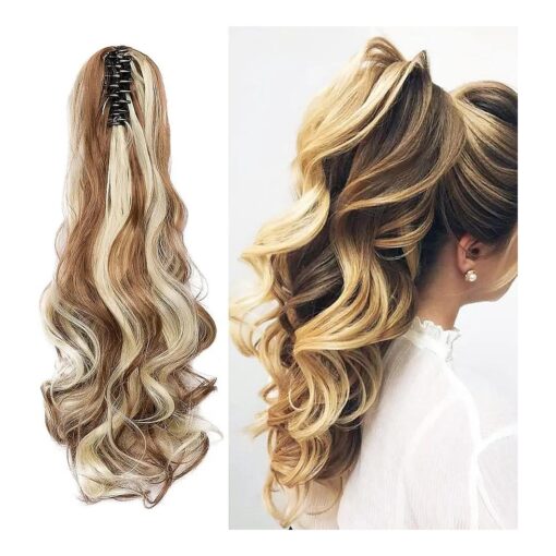 Ponytail Extension Long Curly Wavy Claw Clip in Ponytail Extensions 18inch Pony Tail Clip in Hair Extensions Ponytail Synthetic Hairpiece for Women, Golden Brown mix Bleach Blonde