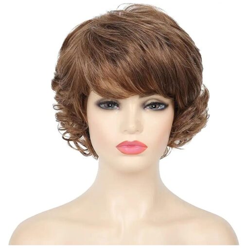 Kaneles Short Brown Curly Hair Wig with Bangs for Women Natural Layered Synthetic Old Ladies Hair Heat Resistant Cosplay Full Wigs ( Golden brown )