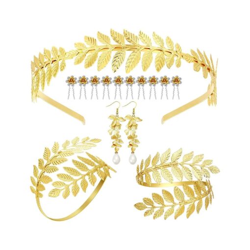 WILLBOND 15 Pieces Greek Goddess Costume Accessories Women Toga Golden Leaves Bridal Crown Headband Bracelet Pearl Earrings and Hair Pins ( Classic Style )