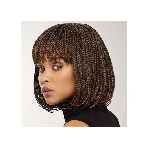 Knotless Braided Wigs for Black Women Heat Resistant Fiber Soft Synthetic Short Bob Box Braided Wig with Bangs African American Braided Wigs ( 10 inches, Dark Brown )