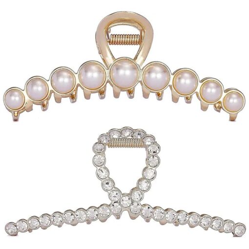 Rhinestone Hair Claw Clips, 4.4 Inch Vintage Metal Imitation Pearl Hair Jaw Clip for Women, Non Slip Hair Clamp Fashion Wedding Party Accessories Elegant Hair Decorations