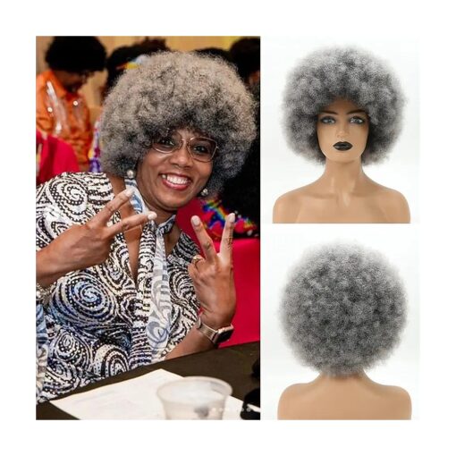 Short Afro Wig for Black Women, Smoky Gray Afro Wigs Unisex Men Women Large Bouncy and Soft Natural Looking Hair, Short Afro Kinky Curly Premium Synthetic Wig ( Gray )