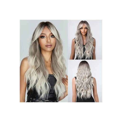 Gray Wigs With Air Bangs Long Water Wave Wigs For Black Women Long Curly Wig With Dark Roots Heat Resistant Synthetic Wig For Daily Use 26In