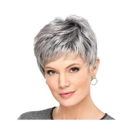 Gray Wigs for Women, Temperament, Oblique Bangs, Texture, Fluffy Short Hair, Black Gradient Silver, Middle-Aged and Elderly Women 'S, Natural Hair Wig for Daily Use, Suitable for Girls and Women