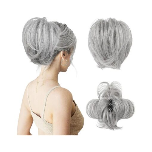 HOOJIH Ponytail Extension, Claw Clip in Straight Hair Bun 9 Inch Short Ponytail with Bendable Metal Wire Hair Pieces for Women Messy Bun Fake Hair Bun DIY Styles -Gray With Little Brown mixed