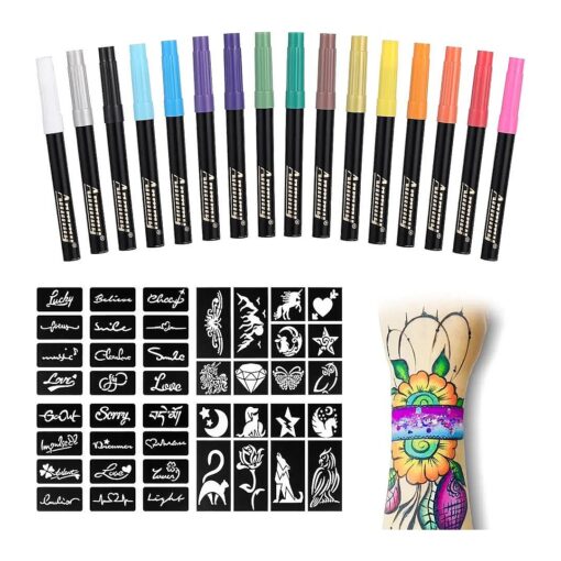 Temporary Tattoo Markers for Skin, 16-Count Body Markers+77 Large Tattoo Stencils of Assorted Colors for kids and Adults, Flexible Brush Tip, Bright colors, Skin-Safe *, Cosmetic-Grade .