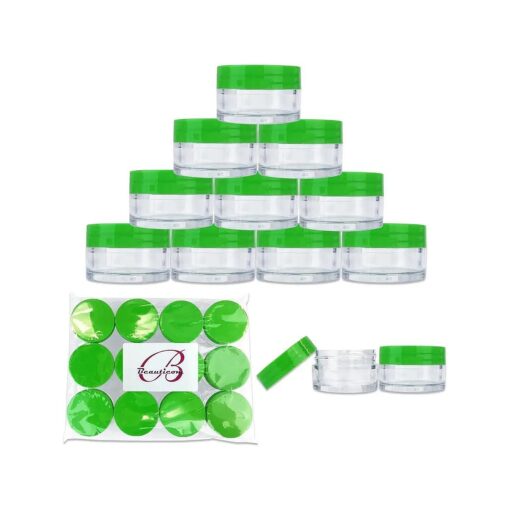 Beauticom 20 gram/20ml Empty Clear Small Round Travel Container Jar Pots with Lids for Make Up Powder, Eyeshadow Pigments, Lotion, Creams, Lip Balm, Lip Gloss, Samples ( 12 Pieces, Green )