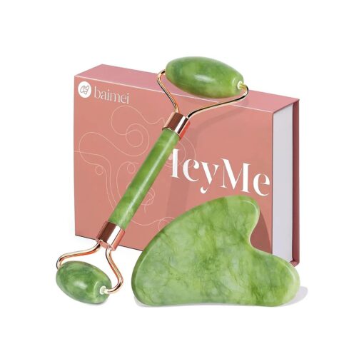 BAIMEI IcyMe Gua Sha & Jade Roller Facial Tools Face Roller and Gua Sha Set for Puffiness and Redness Reducing Skin Care Routine, Self Care Gift for Men Women - Green