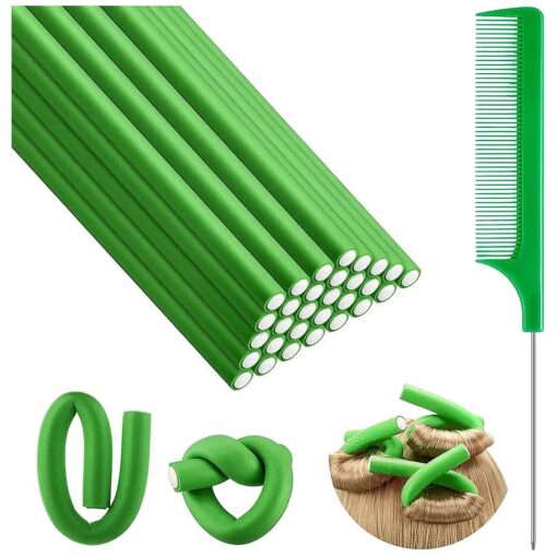 30 Pieces Flexible Curling Rods Twist Foam Hair Rollers Soft Foam No Heat Hair Rods Rollers and 1 Steel Pintail Comb Rat Tail Comb for Women Girls Long and Short Hair ( Green,7 x 0.47 Inch )