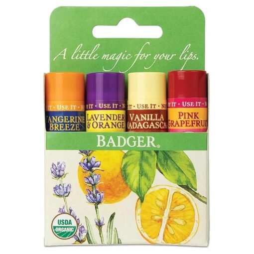 Badger Organic Lip Balm 4 Sticks Gift Set green Pack by grafton International, 2.4 Oz