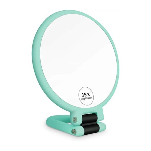 1x 15x Magnifying Handheld Mirror, Double Sided Handheld Mirror with Foldable Hand, Portable Travel Mirror with Magnification for Girls Woman ( Green )