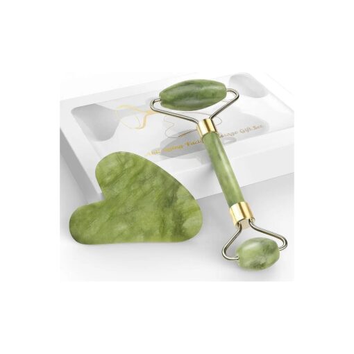 Jade Roller & Gua Sha Set, Venste Facial Beauty Roller Skin Care Tools, Natural Jade Stone Roller Massager for Face, Eyes, Neck Muscle Tension Relief and Lymphatic Drainage ( Green )