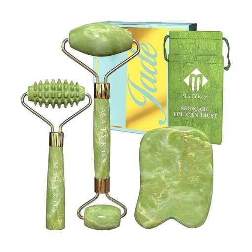 Jade Roller for Face and Gua Sha Set - 2 Anti-Aging Facial Rollers and Gua-Sha Facial Tool - Face and Body Massager for Your Skincare Routine - Massage Tools for Wrinkles and Lifting