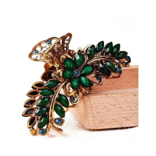 Large Metal Rhinestone Alloy Hair Claw Jaw Clip Retro Flowers Hair Clip Fancy Hair Barrette Clamp for Women and Girls Thick Hair ( Green )