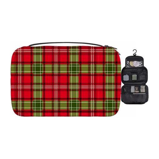 Gingham Travel Makeup Train Case Christmas Green Red Plaid Checkered Lattice Cosmetic Organizer Toiletry Bag for Makeup Brushes Tools Women