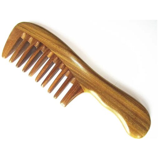 Gsp-2w-wt Wide Tooth Wood Handmade Natural Green Sandalwood No Static Comb with Wavy Handle with Aromatic Scent for Detangling Curly Hair and Gift ( 7.4" )