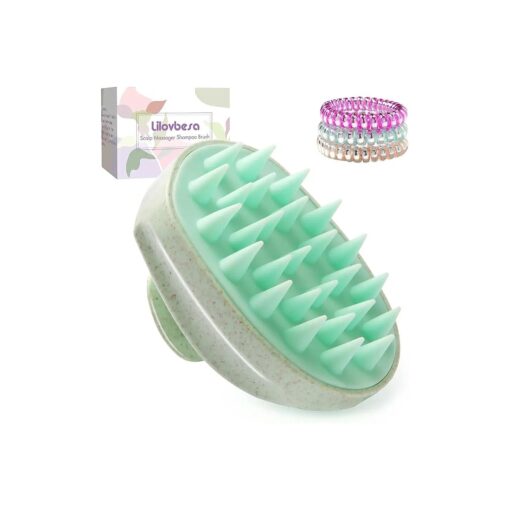 Scalp Massager Shampoo Hair Brush, Scalp Scrubber Head Exfoliator Brush with Soft Silicone Bristles for Women Men Kids Pets Shower and Wet Dry Hair, Includes 3 Pcs Spiral Hair Ties ( Green )