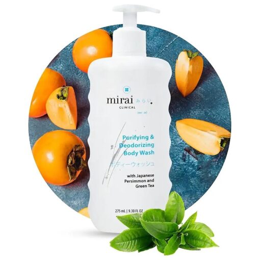 Mirai Clinical Body Wash for Strong Body Odor - Renewing Body Purifying & Deodorizing with Natural Persimmon & Green Tea Extracts - Nonenal Body Odor Eliminator for Women & Men - 9.29 Fl oz