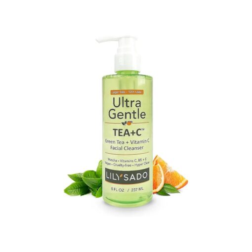 LILY SADO Tea+C Green Tea & Vitamin C Face Cleanser - Natural Vegan Antioxidant Daily Face Wash with Aloe, Rosehip, Meadowfoam - Gentle Deep Cleansing for Acne, Blackheads, Blemishes, 8 oz