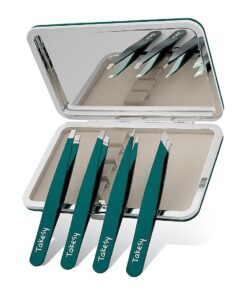 Professional Tweezers for Facial Hair and Eyebrows with Mirror Case ( Green )