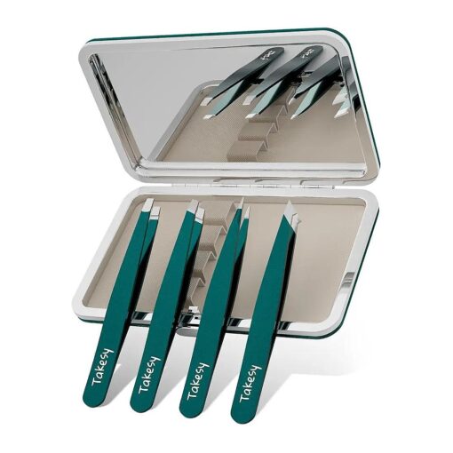 Professional Tweezers for Facial Hair and Eyebrows with Mirror Case ( Green )