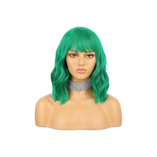 eNilecor Green Wig, Colored Green Bob Wigs for Women, Short Curly Wavy Wig with Bangs, Shoulder Length Natural Looking Heat Resistant Synthetic Wigs for Party, Cosplay, Fun, Daily Wear