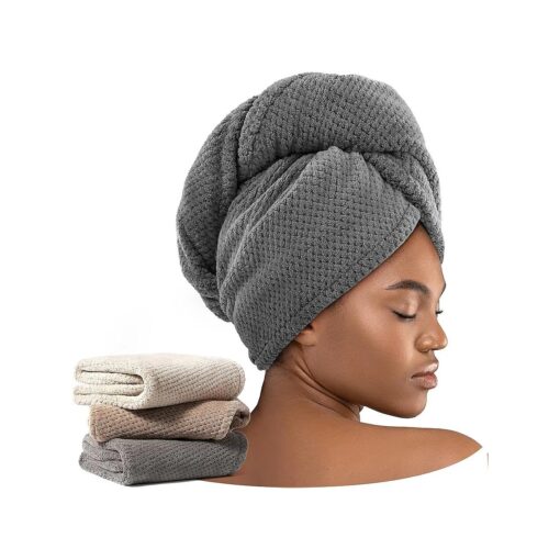 3 Pack Microfiber Hair Towel Wrap for Curly Hair, Super Absorbent Hair Drying Towel for Women, Kids, Hair Care Accessories, Hair Turban for Wet Hair ( Grey, Camel, Brown )