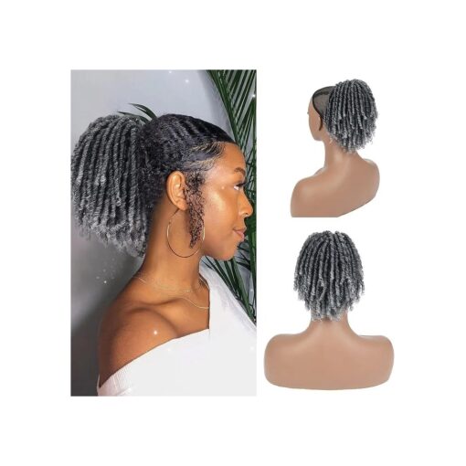 SCENTW Grey Dreadlock Ponytail Extensions for Women Drawstring Ponytail Goddess Coil Dreadlock Drawstring Clip on Ponytails Hair Extensions Fake Ponytail Hairpieces for Black Women