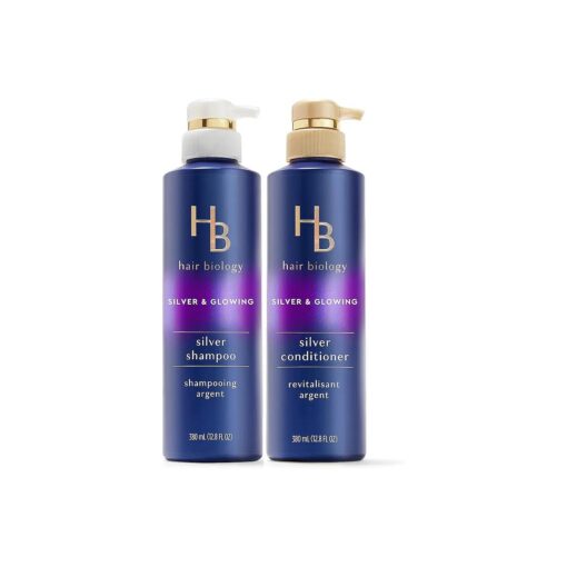 Hair Biology Biotin-Infused Purple Shampoo and Conditioner Set for Grey Hair, Anti-Brassiness, Moisturizing, Color-Safe, Silver & Glowing, Corrects Yellow Tones, 12.8 Fl Oz Each, 2 Pack