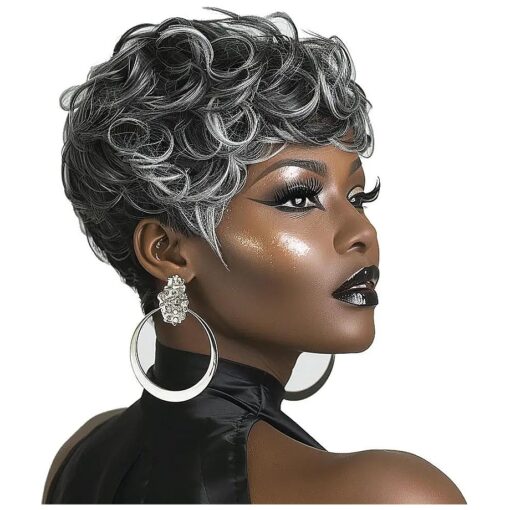 MOONSHOW Grey Wigs for Black Women Black Mixed Grey Pixie Cut Wig Short Gray Hair Wigs for Black Women Ombre Grey Short Curly Pixie Wigs Synthetic Wigs for Black Women ( Ombre Grey )