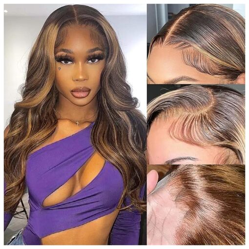 Ombre Lace Front Wig Human Hair 180 % Density 13x4 4/27 Highlight Lace Front Wig Human Hair Honey Blonde HD Lace Front Wig Human Hair Body Wave Lace Front Wigs Human Hair Pre Plucked for Women 20 Inch