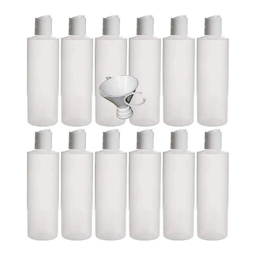 12 Pack Of Refillable Eight Ounce, Squeeze Bottles With One Hand Press Cap Dispenser Tops-Great For Dispensing Lotions, Shampoos and Massage Oils .